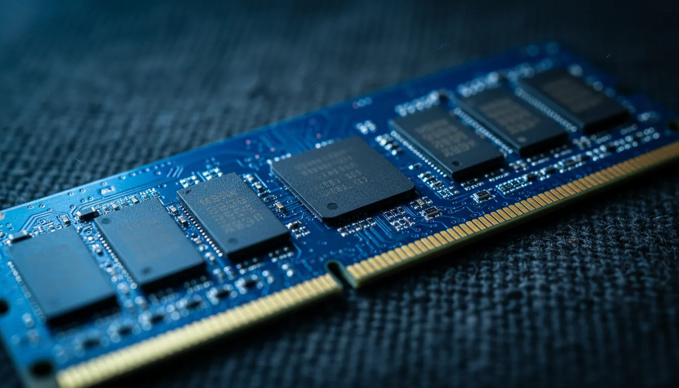 Macro DSLR photograph of a blue computer RAM stick angled diagonally against a dark, textured fabric background. Cinematic contrast lighting with cool blue tones accentuates the intricate details of the electronic components. Extremely shallow depth of field, with a sharp focus on a single black integrated circuit chip, creating a soft bokeh effect in the foreground and background. The gold-plated contacts along the edge of the memory module are visible.