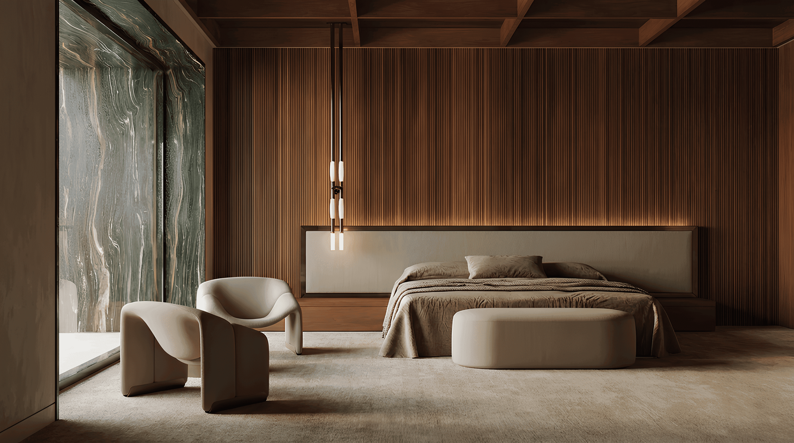 Brown suede tufted sofa cushion with button detailing in warm interior lighting.