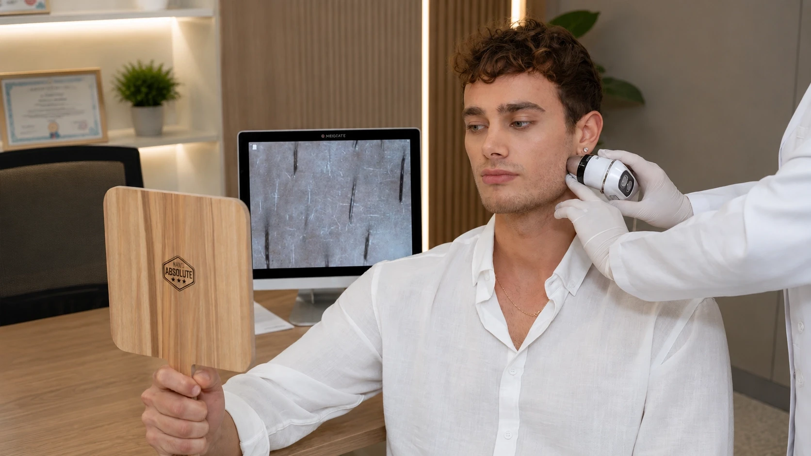 Medical examination and density analysis of the facial skin before a beard transplant
