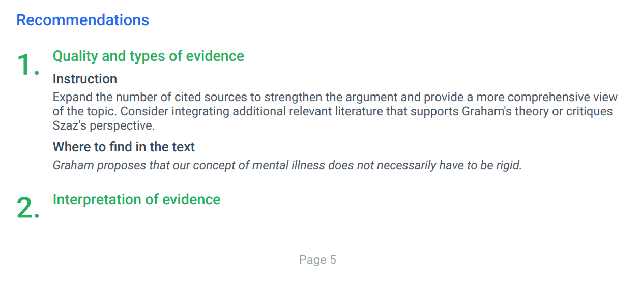 thesify recommendations listing numbered revision priorities, including where to find issues in the text.