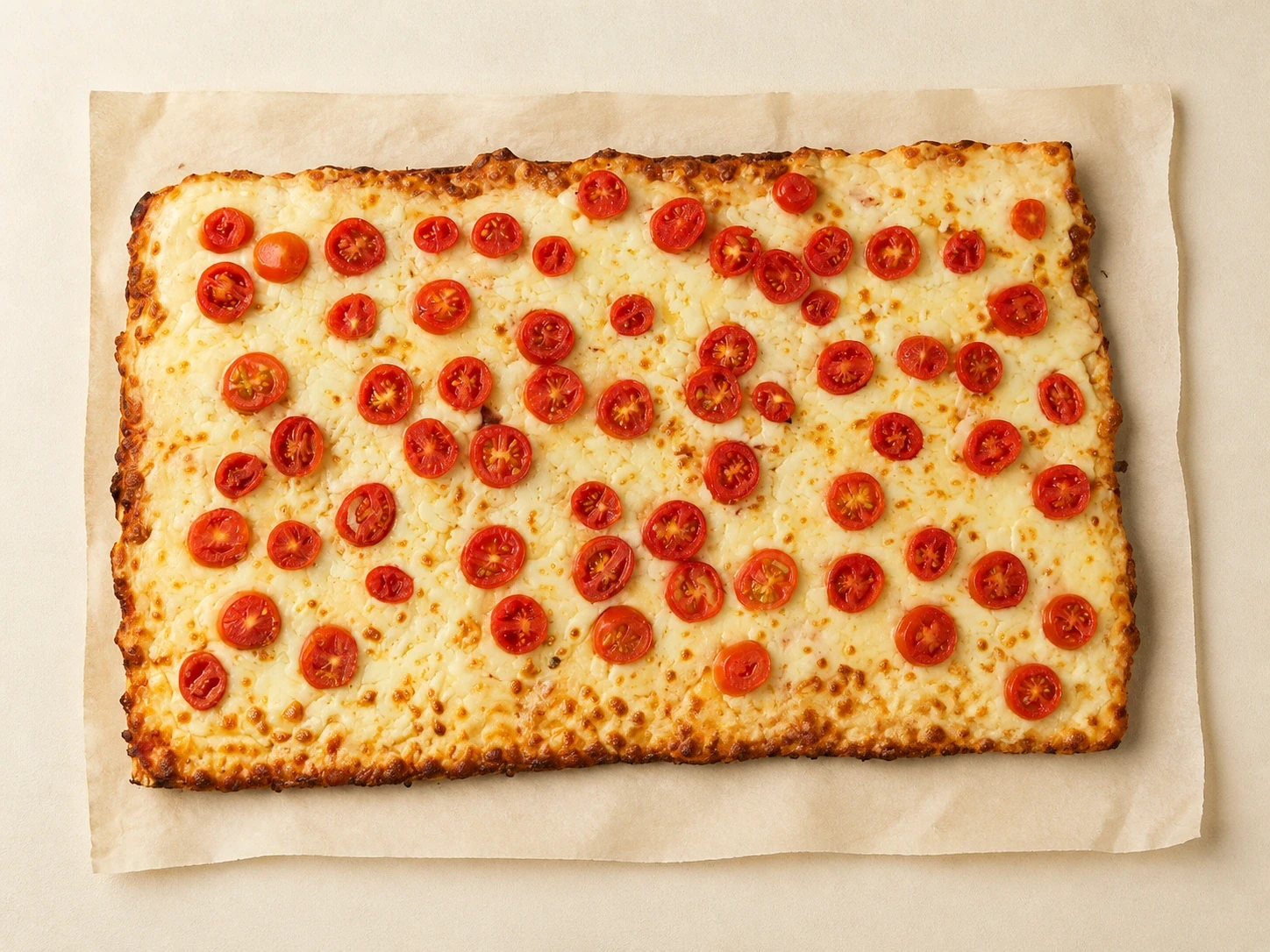 Rechthoekige proteïne- en vezelpizza van Mangia Bene met tomatensaus en tomaatjes, op bakpapier