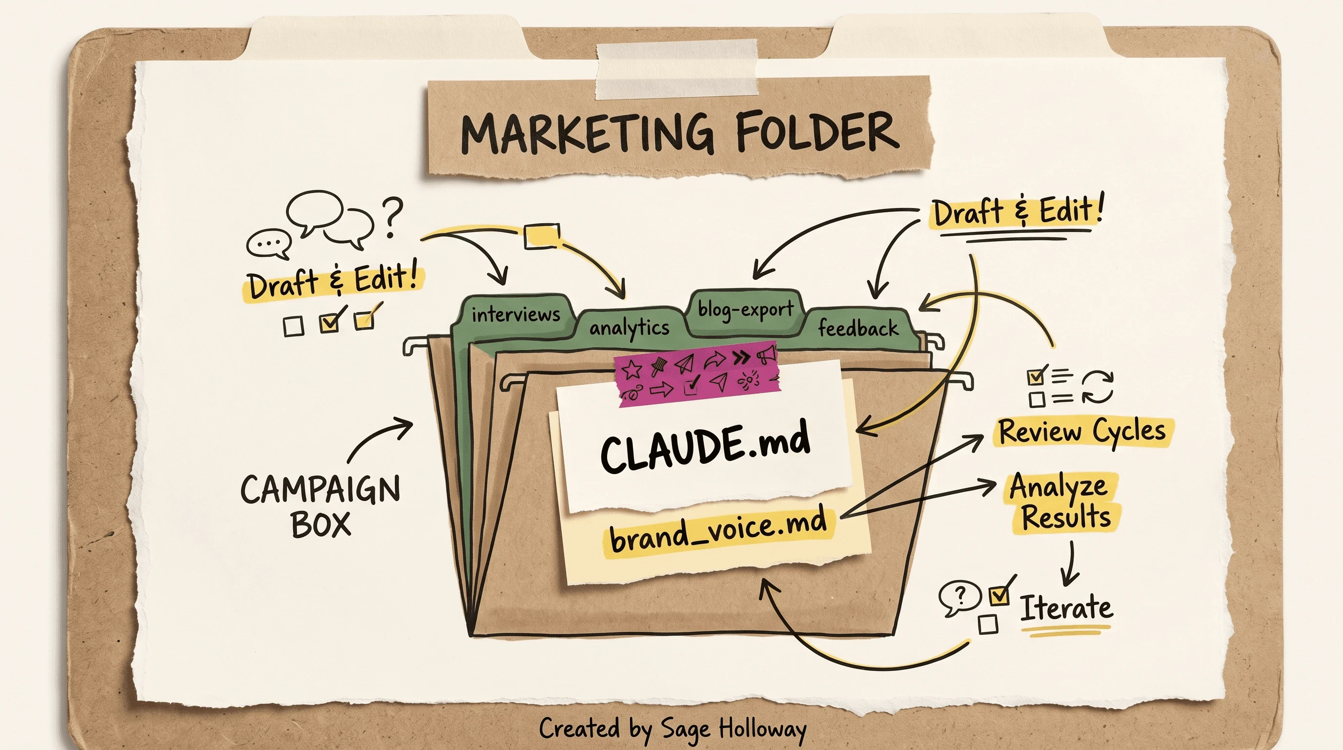 Diagram of a marketing repo with interviews analytics blog-export feedback CLAUDE.md and brand_voice.md