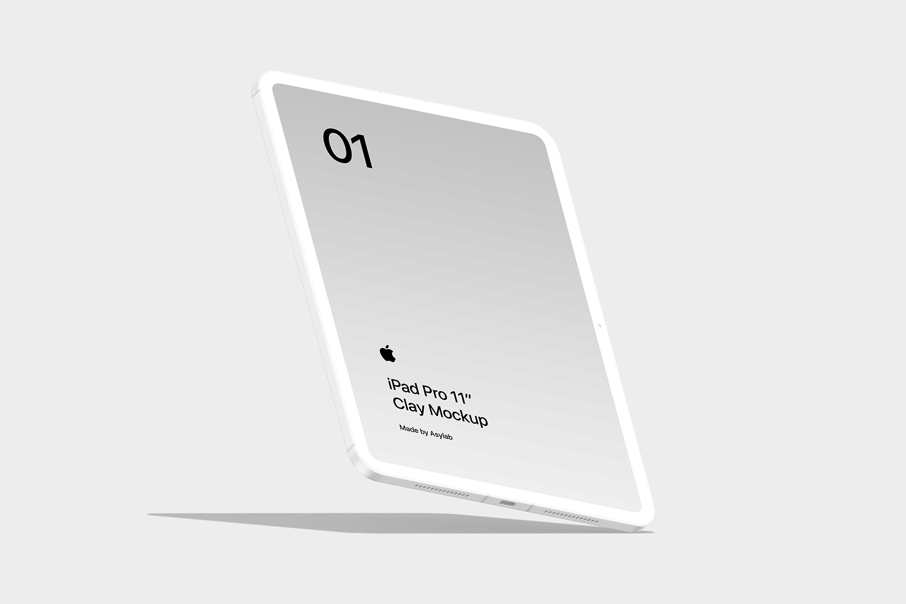 Angled floating clay iPad Pro 11 mockup with customizable background and soft shadows.