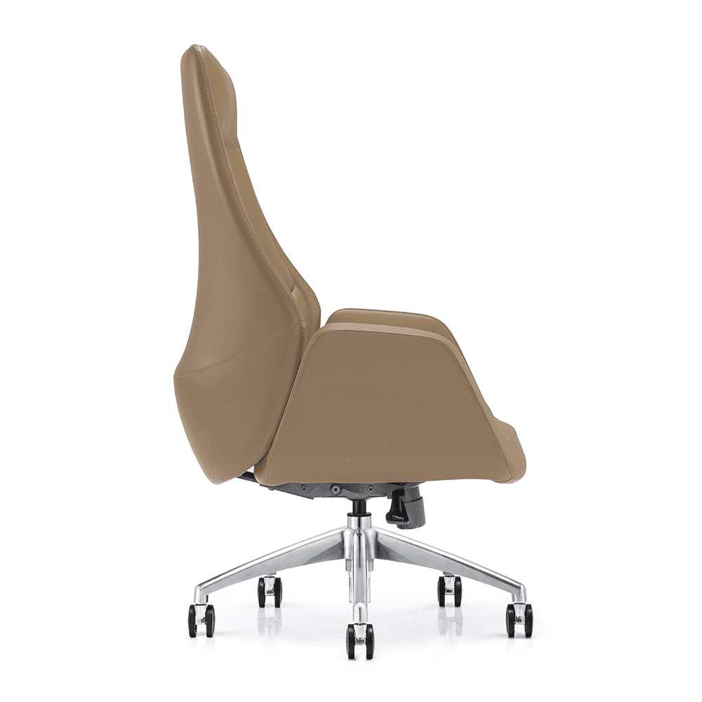 Side profile of a modern high-back executive chair in tan leather, showcasing an ergonomic S-curve backrest, integrated sloping armrests, and a polished aluminum swivel base with casters.