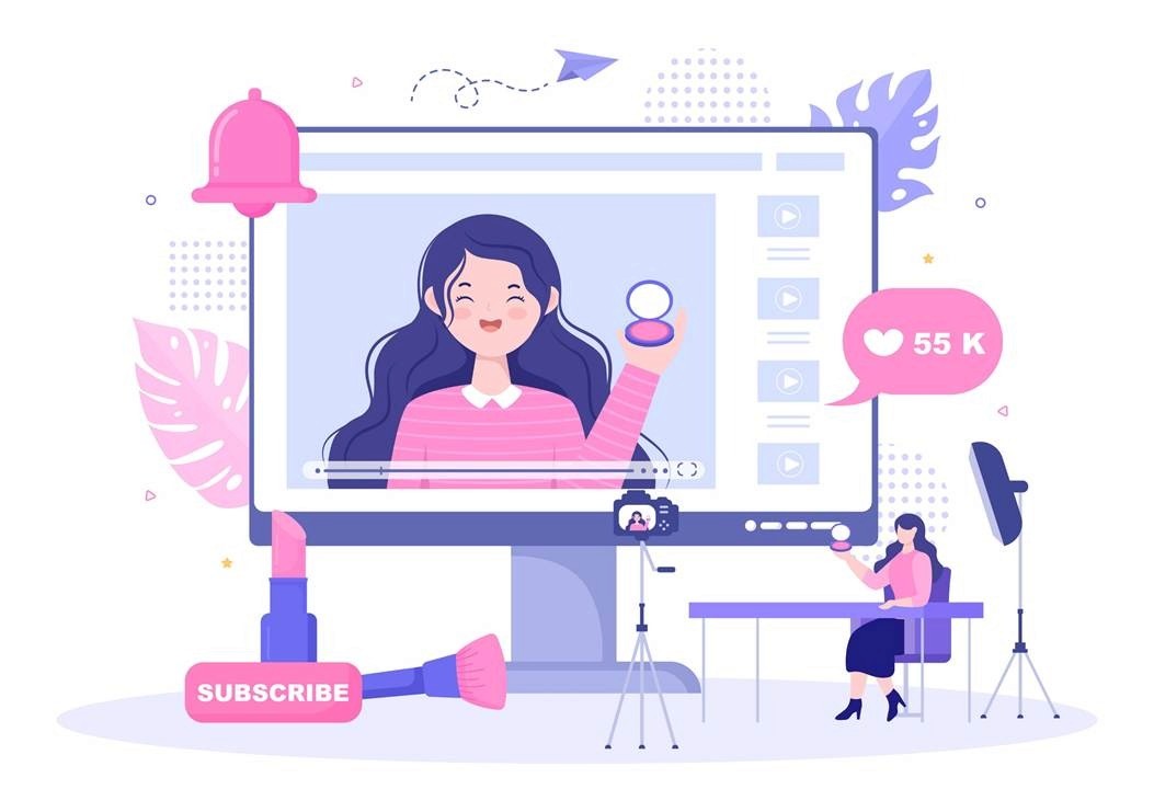 Illustration of a beauty influencer recording a product review video with 55K likes, a subscribe button, and a behind-the-scenes setup showing a camera, lighting, and makeup products.