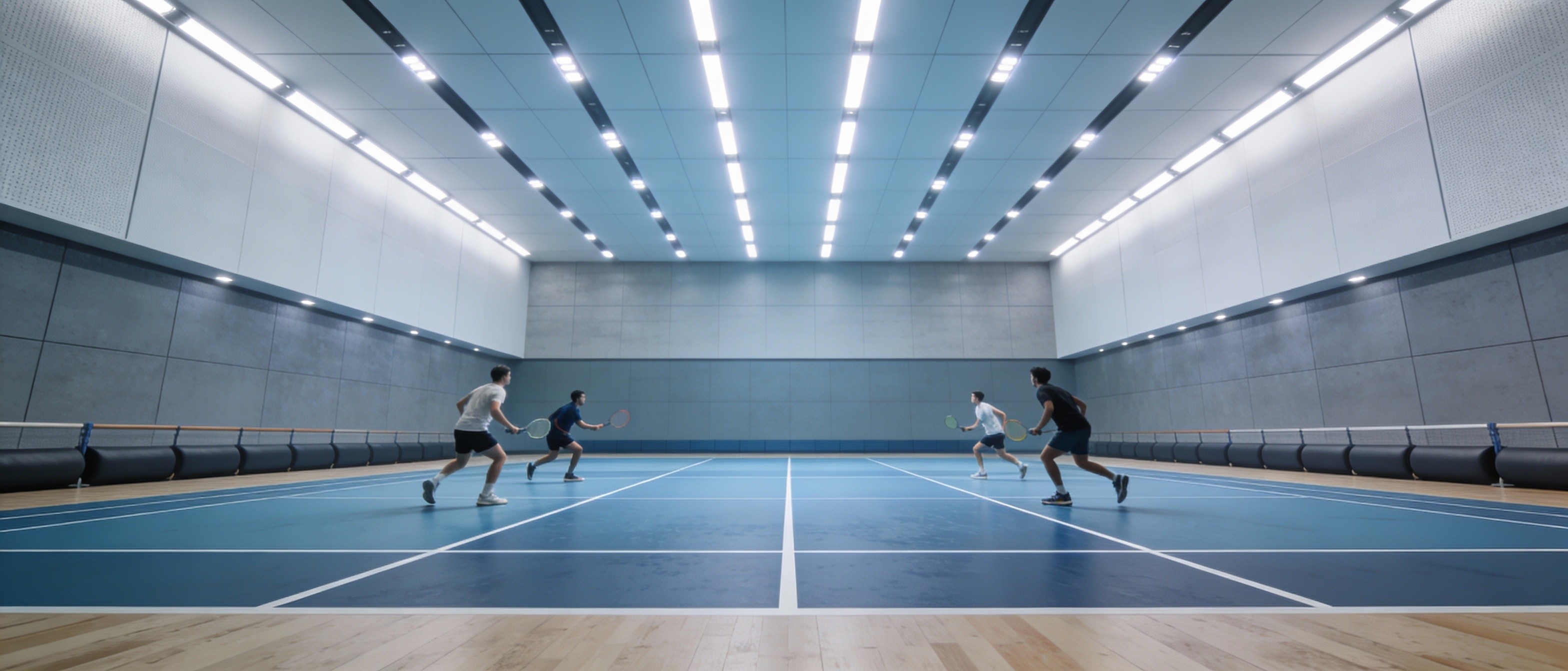 專業室內羽毛球場運動地台工程,採用藍色防滑避震運動地膠,適合學校體育館及室內球場鋪設,Branding Works Floor 提供專業運動地板解決方案。