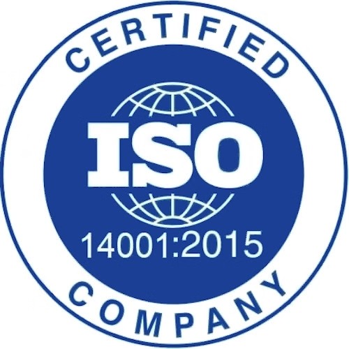 ISO 14001:2015 Certified Company badge in blue and white, indicating compliance with international environmental management system standards.