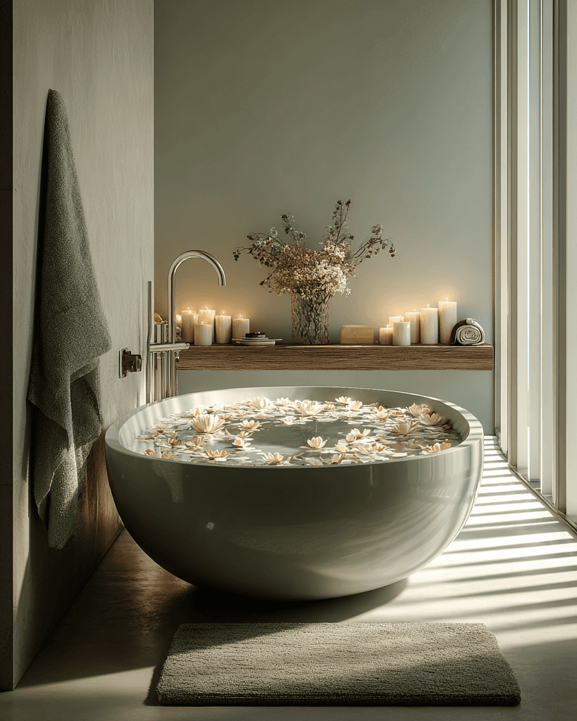 A luxurious bathtub filled with water and floating rose petals, surrounded by candles and greenery. The soft lighting creates a tranquil and romantic spa-like atmosphere.