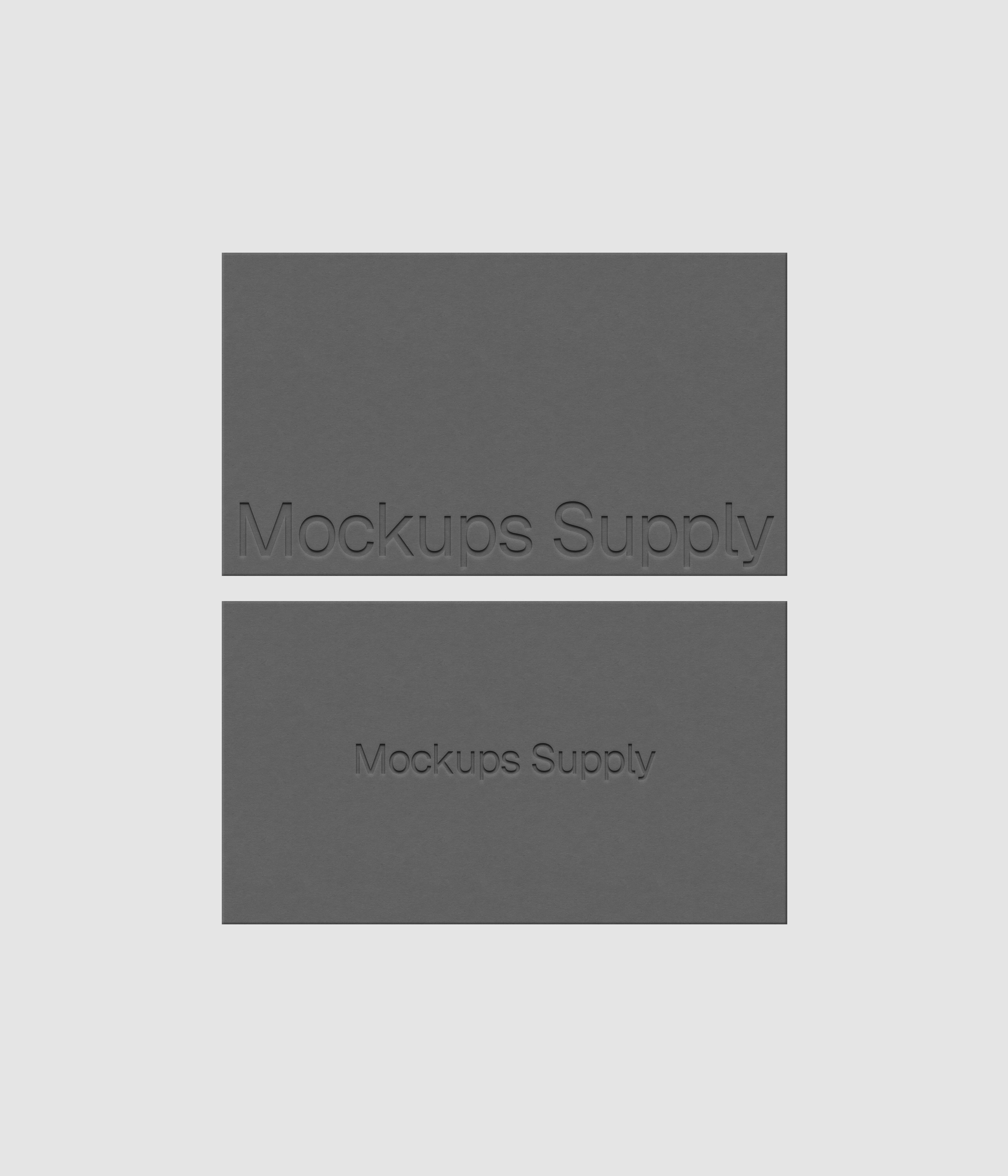 Two business cards mockup PSD US Canada landscape with debossed logo and soft shadow, gray cards on white background, clean modern stationery mockup for brand identity