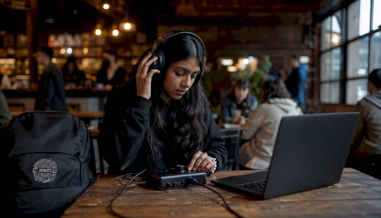 Woman with headphones at audio interface desk