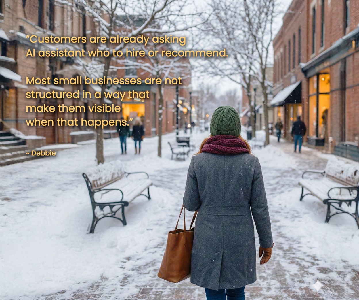 red haired woman with back to the camera walking down a snowy city street