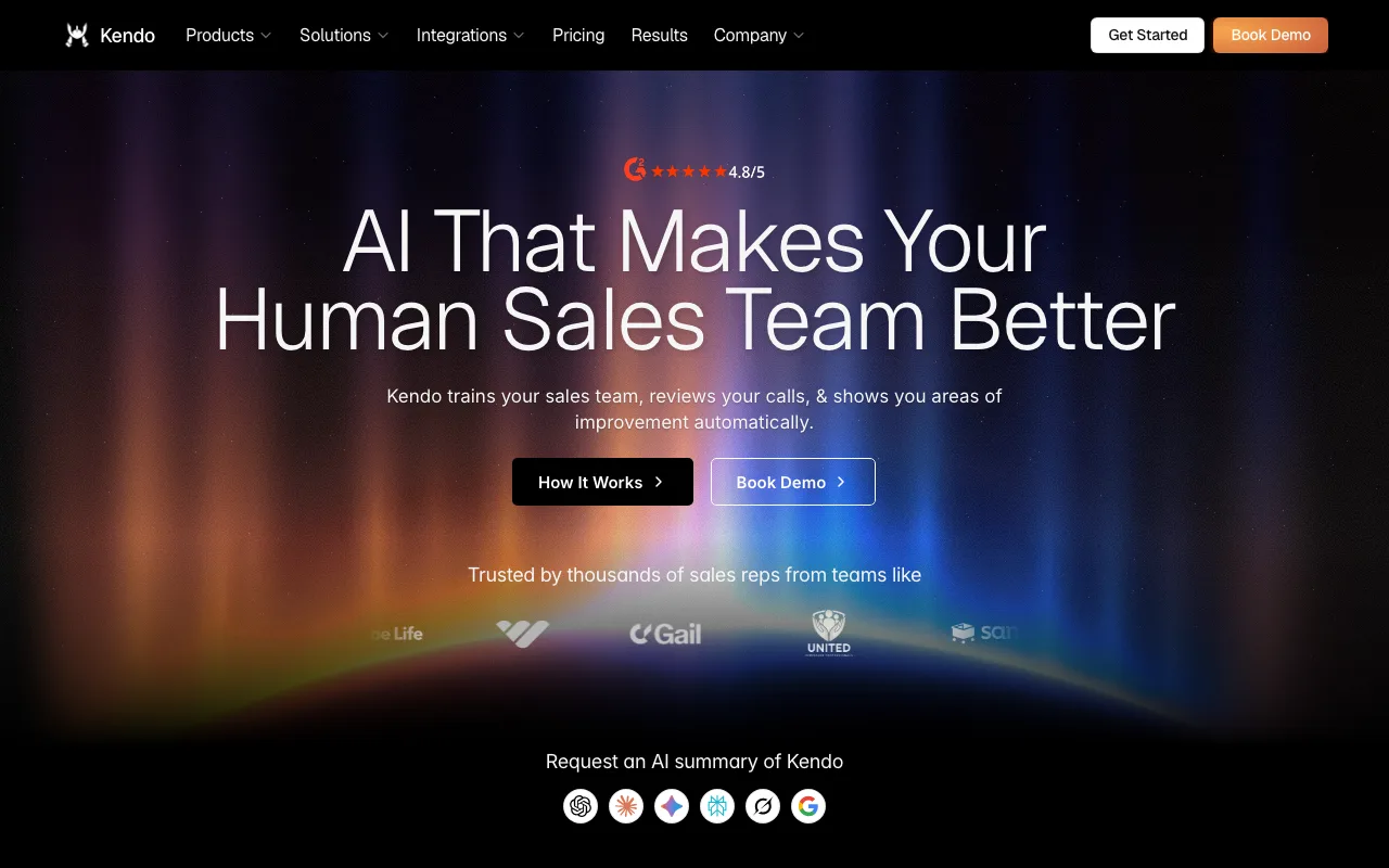 Kendo AI homepage, AI sales roleplay and call review platform