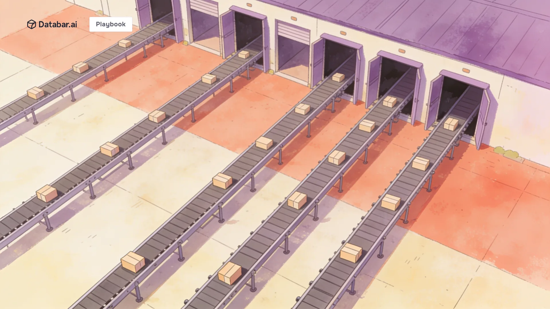 Aerial illustration of conveyor lanes feeding loading bays — lead generation email campaigns