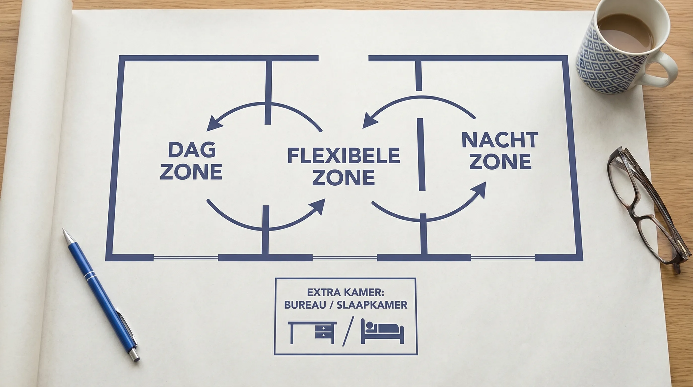 Een eenvoudige schematische plattegrond met drie zones (dag, nacht, flexibel), met pijlen die korte looplijnen tonen en een extra kamer die kan switchen tussen bureau en slaapkamer.