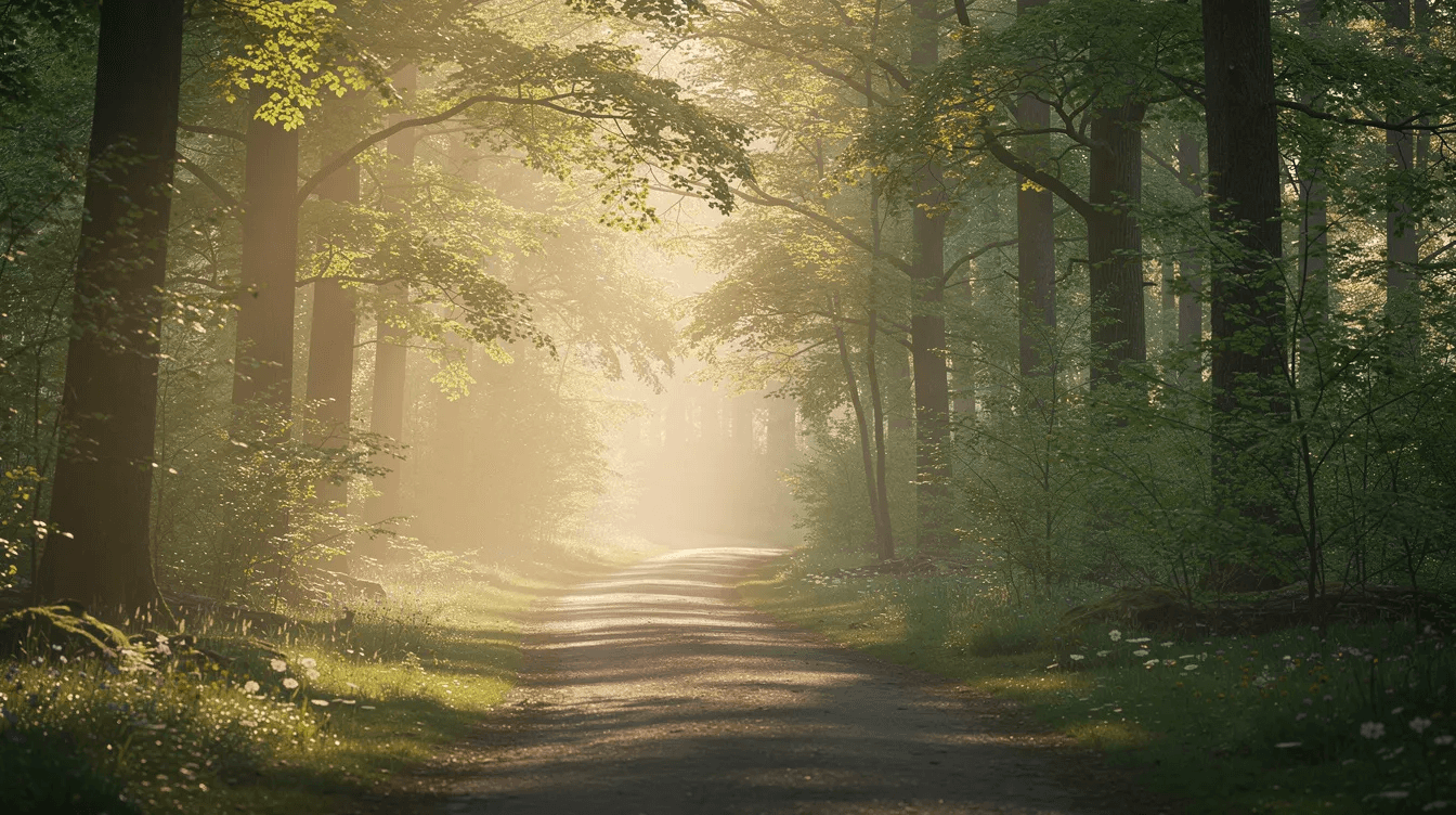 The image depicts a serene walking path meandering through tall trees, illuminated by soft morning light, creating a tranquil atmosphere. This peaceful scene symbolizes the journey one might take when meeting with a financial advisor to discuss long-term financial goals and strategies for a secure financial future.