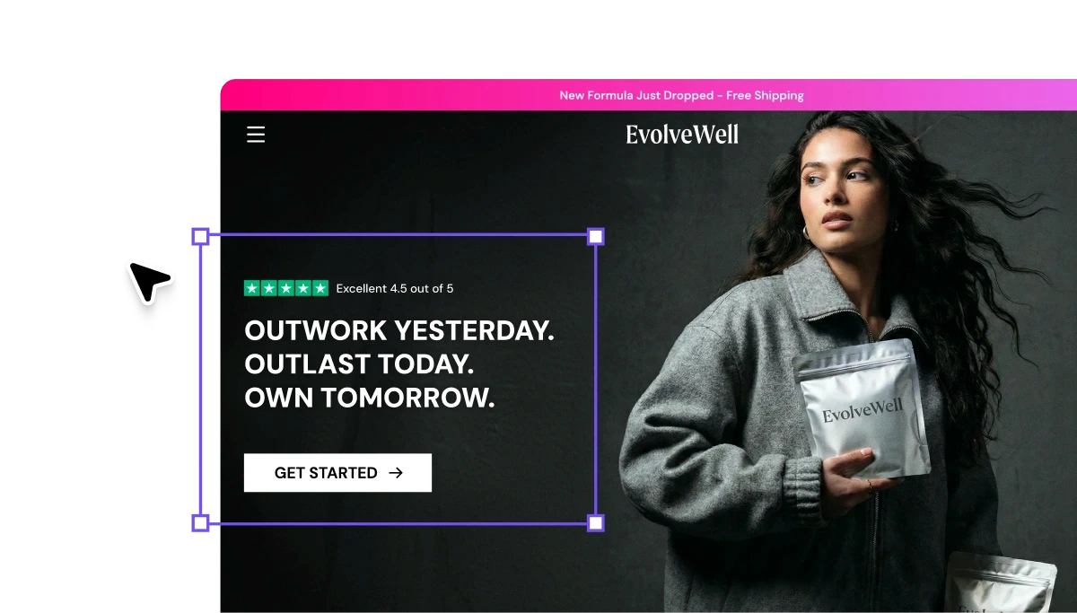 EcomWize page builder interface showing a landing page being designed for EvolveWell brand with the headline "Outwork Yesterday. Outlast Today. Own Tomorrow." and a drag-and-drop selection tool highlighting a text section.