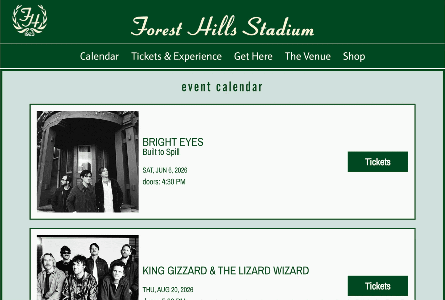 Original Events page showing event calendar with full-width event cards, each with an image and ticket button