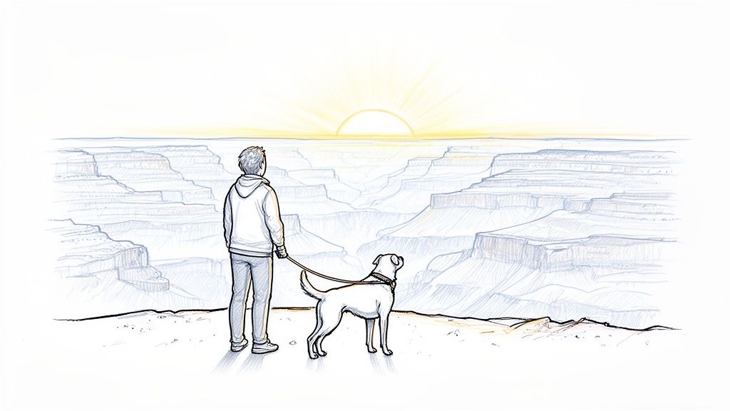 A person and a dog stand on a cliff, overlooking the vast Grand Canyon at sunrise.