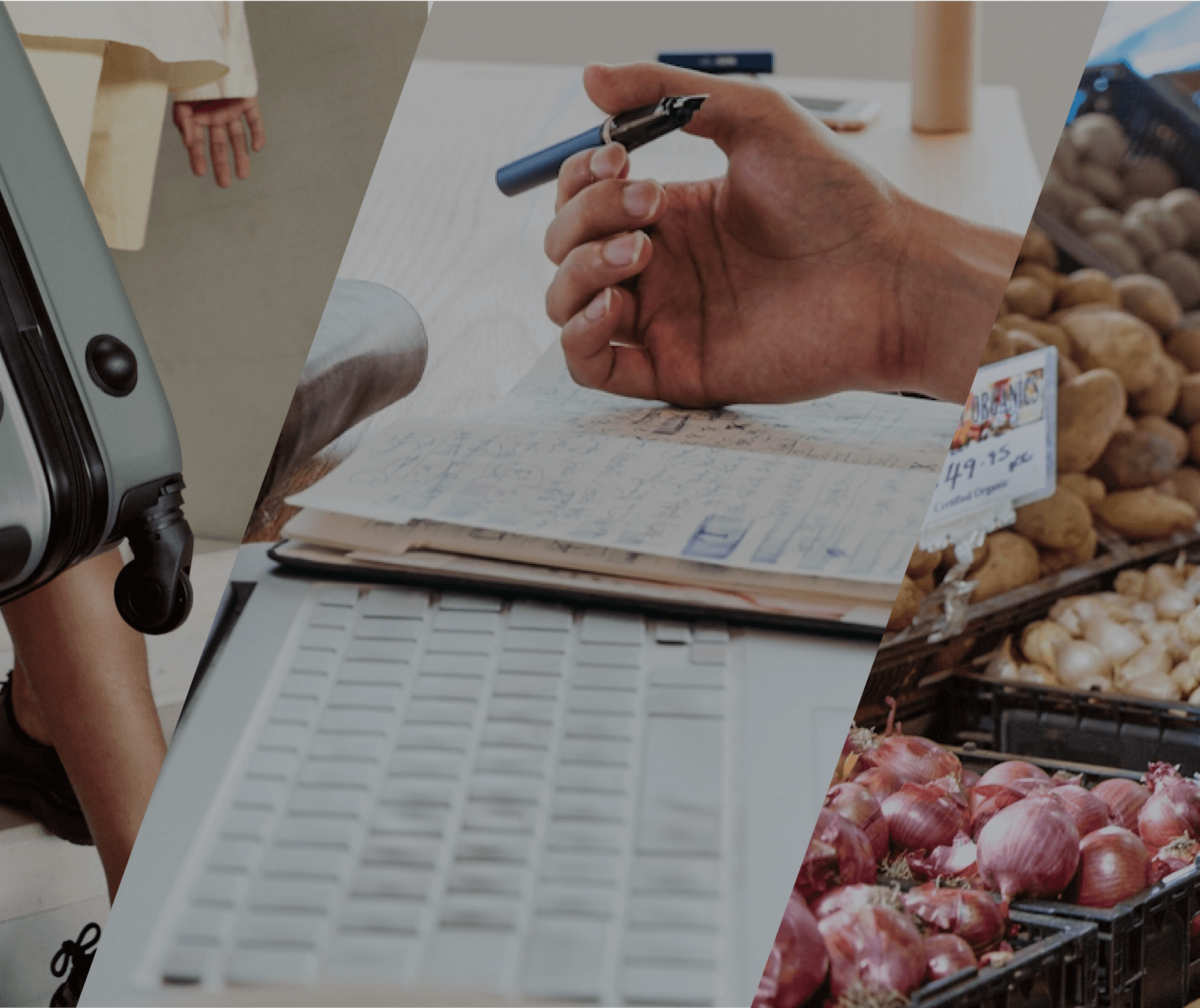 A collage of various elements related to grocery shopping and food preparation, including a hand writing on a paper, a suitcase or luggage, and different types of produce such as potatoes and onions.