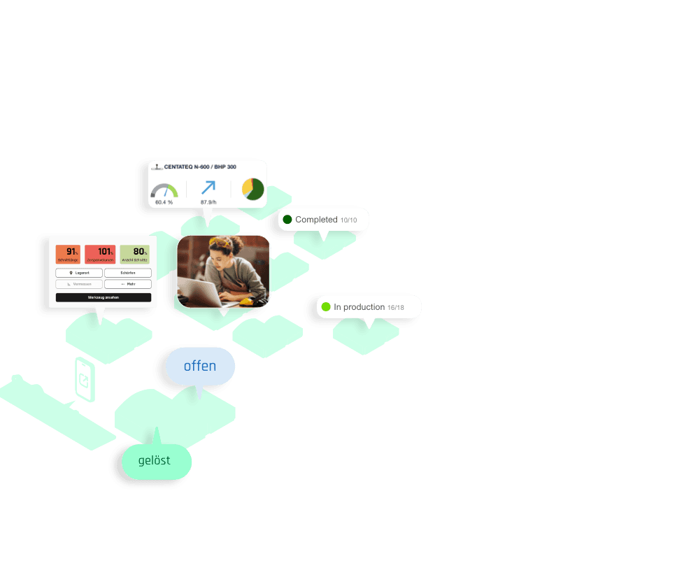 Illustrated carpentries and production facilities with speech bubbles from various applications to illustrate the benefits of the tapio ecosystem for customers using a new development area