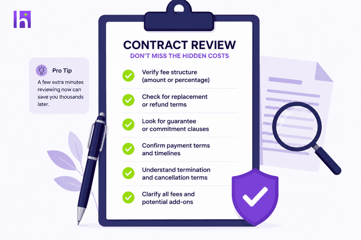 Illustration of a checklist for reviewing a recruiting agency contract before signing