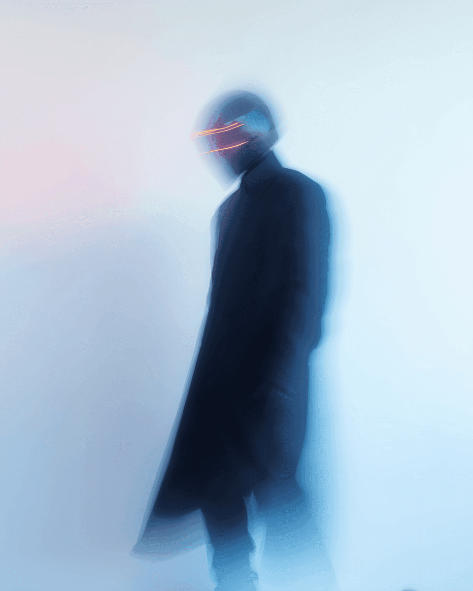A man in a black coat and hat wears a glowing helmet, standing confidently against a dark background.