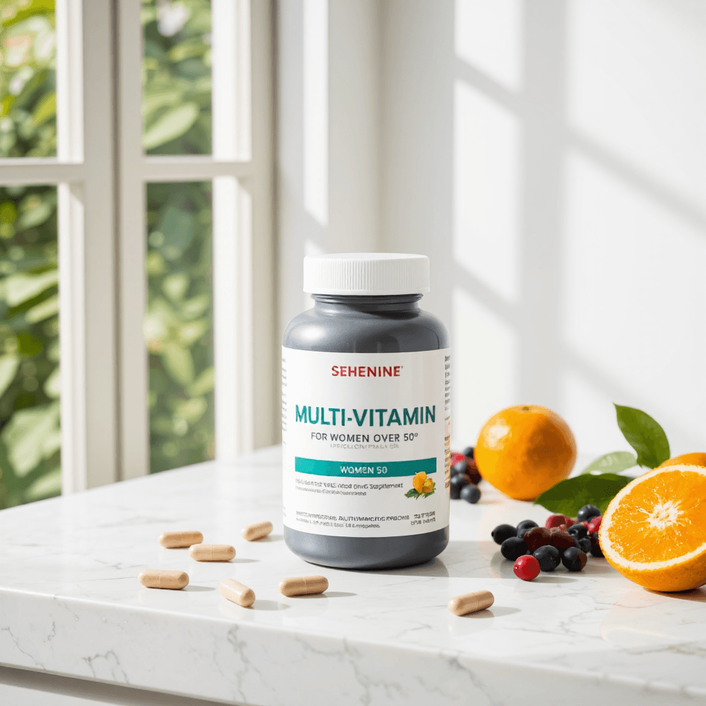 product photography of a bottle of multivitamin supplement for women over 50