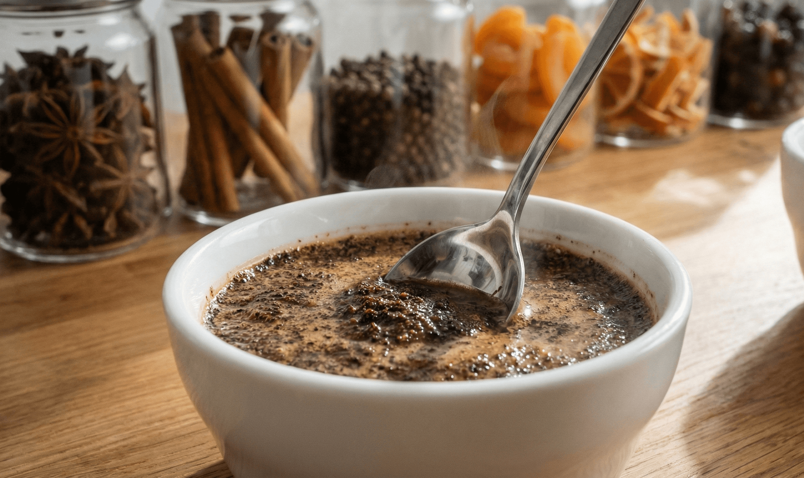 Silver cupping spoon breaking the crust of brewed coffee in a tasting bowl during a sensory session
