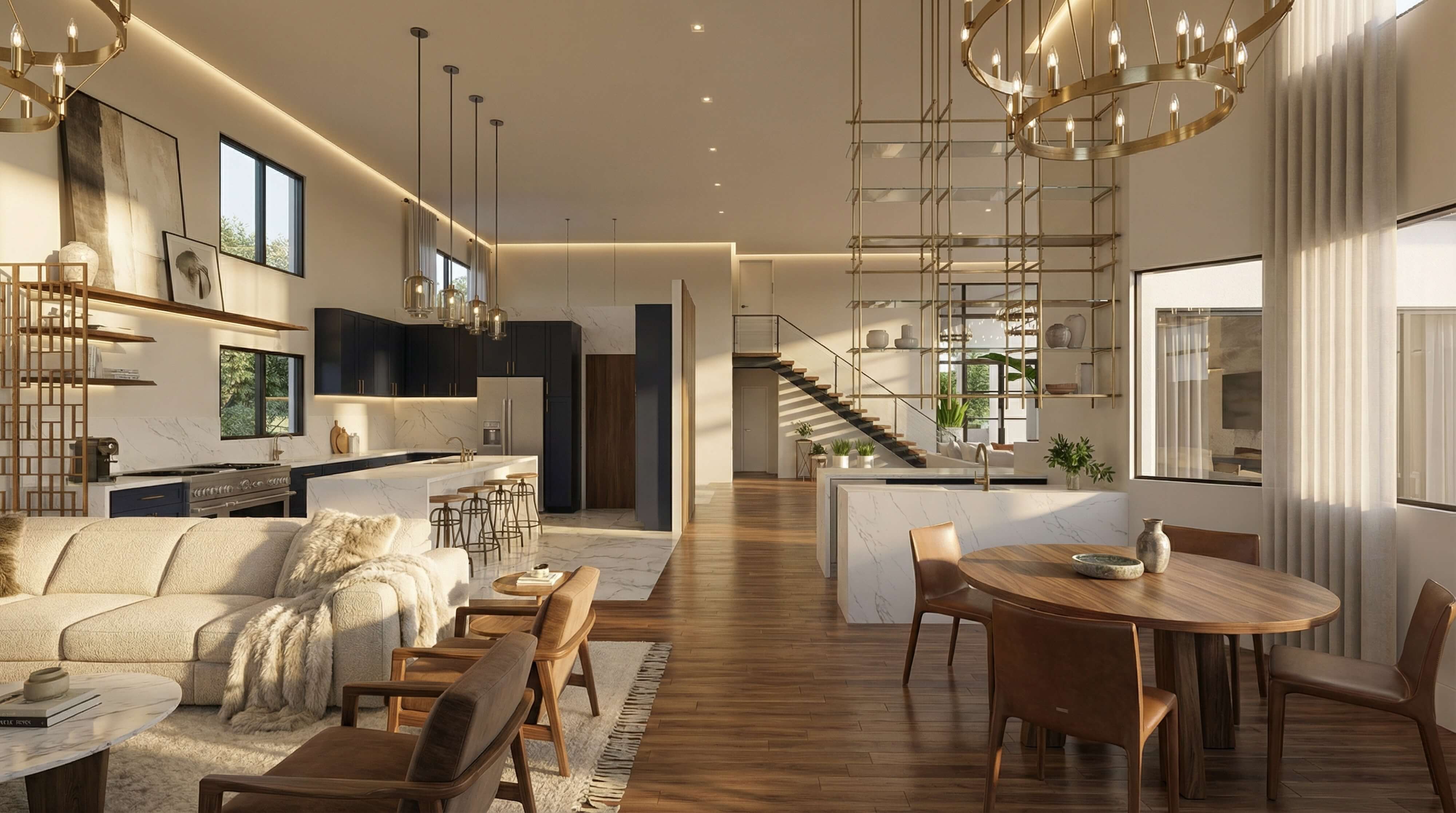 An open plan living room and dining area featuring warm modern finishes, pendant lighting, neutral furniture, layered textures, and large windows that connect indoor spaces while maintaining a cohesive and elegant design.