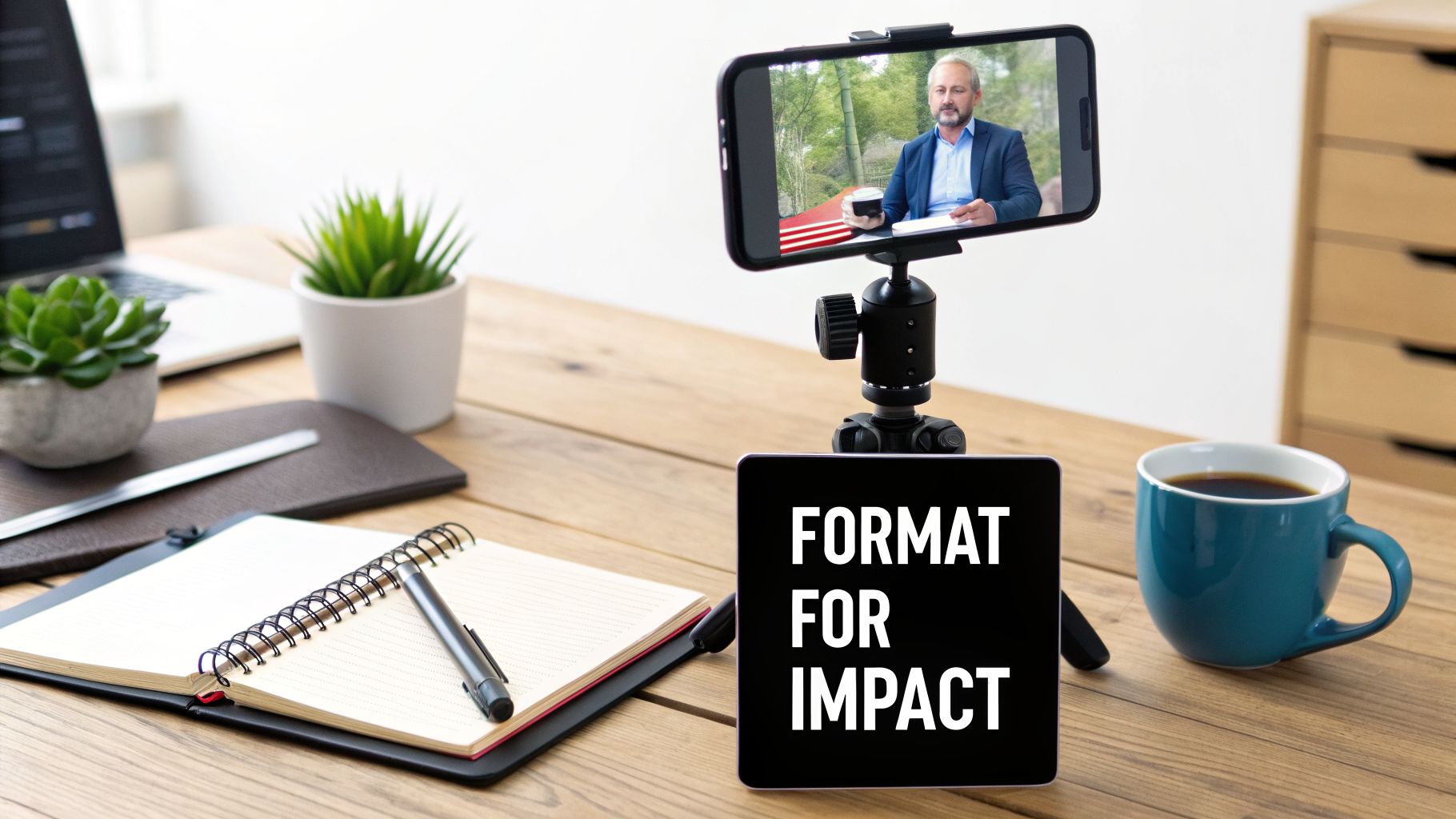 A wooden desk features a smartphone recording a man, a tablet with 'FORMAT FOR IMPACT' text, and a coffee mug.