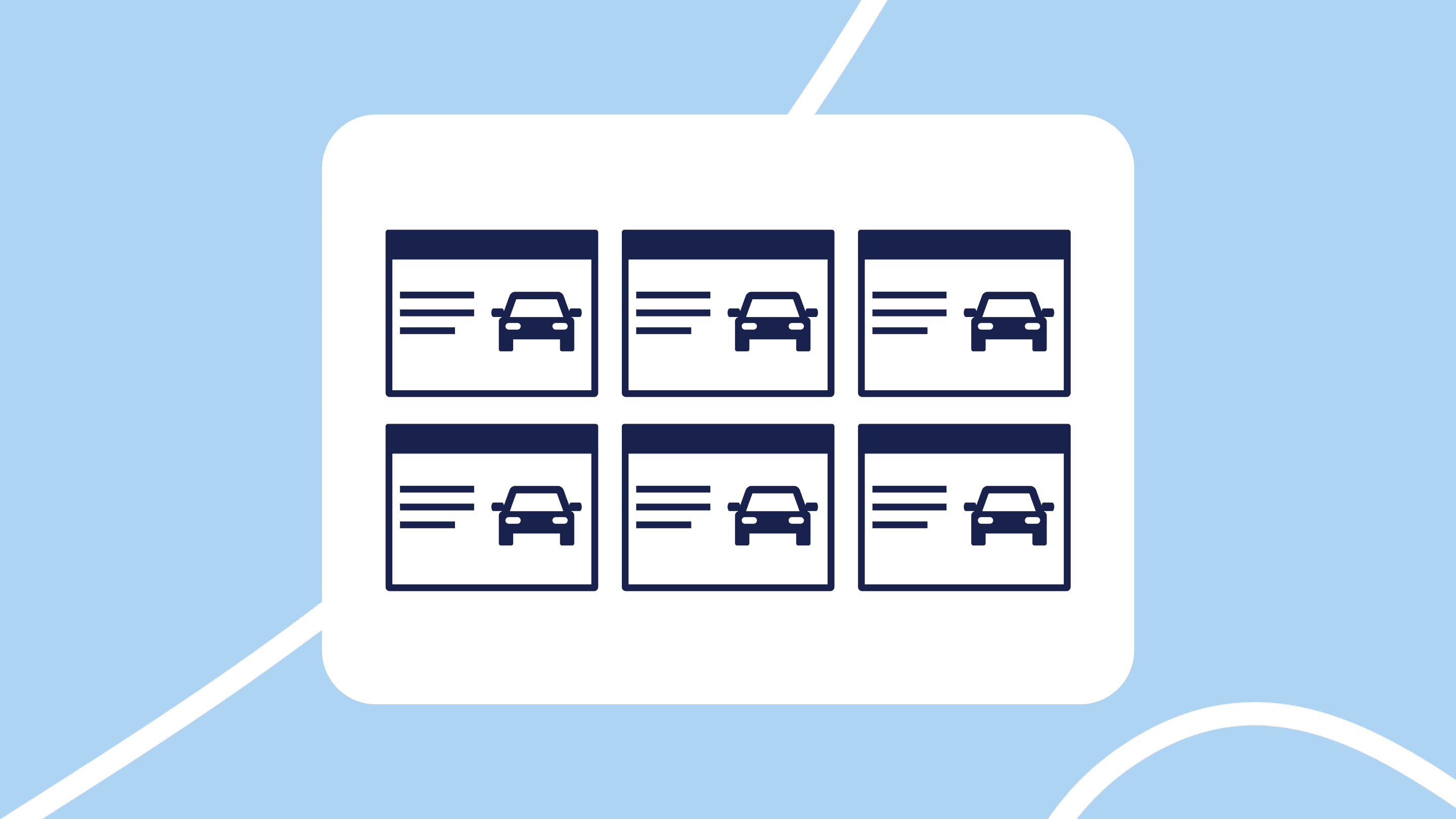 Ilustración de una cuadrícula de seis fichas de anuncio de coche (icono de coche y líneas de texto), representando portales/listados de vehículos online.