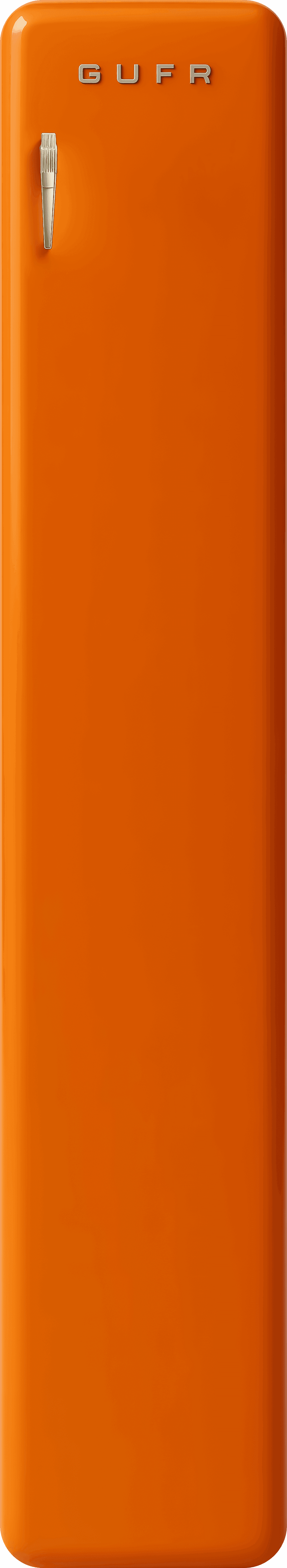 Retro orange fridge with the GUFR logo — playful metaphor for our core products: strategy sessions, coaching, leadership training, and retreats.