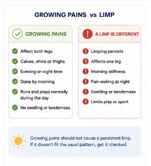 Comparison showing growing pains affect both legs and are gone by morning, while a limp persists, affects one leg and causes morning stiffness