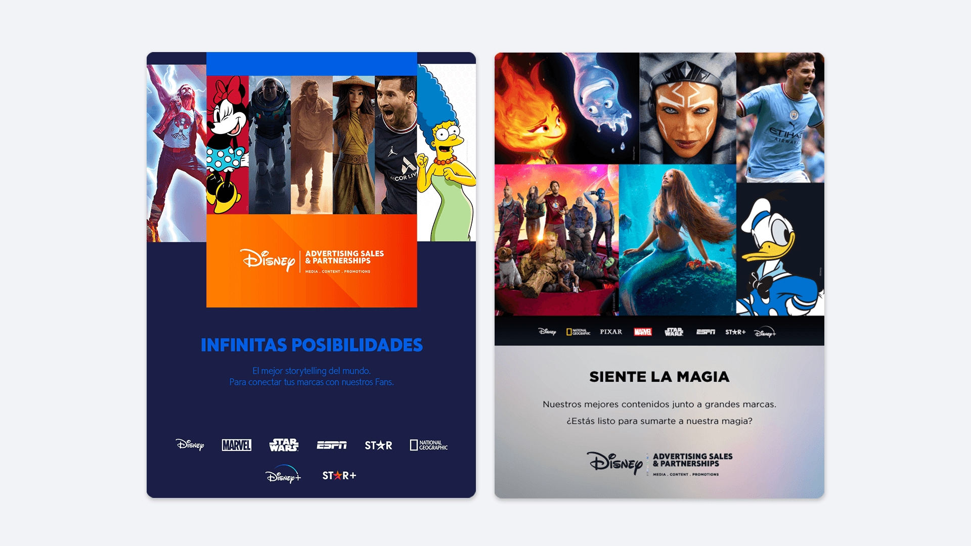 Pósteres promocionales que destacan la diversidad de contenidos de Disney, desde personajes clásicos hasta deportes.