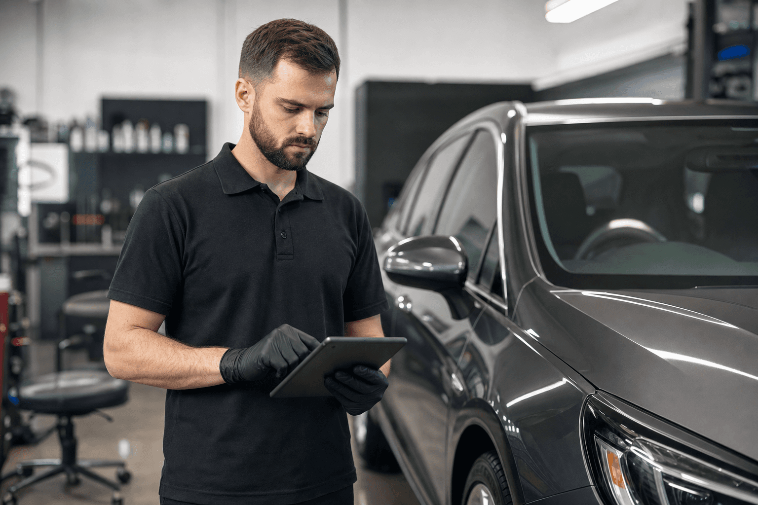 Detailer reviewing a new online booking on a tablet beside the vehicle
