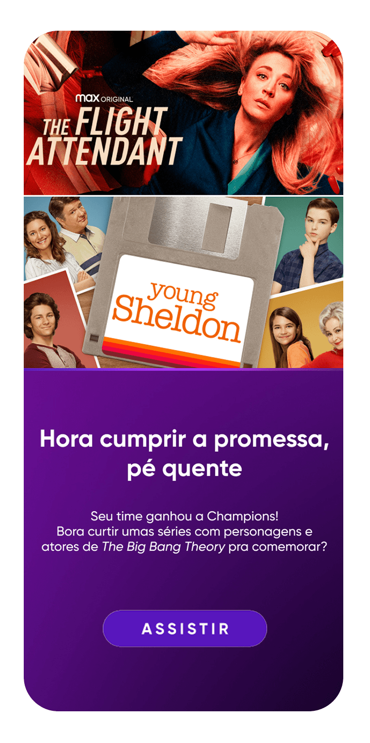 Mobile app screen inviting users to fulfill their promise and explore shows related to The Big Bang Theory on HBO Max.
