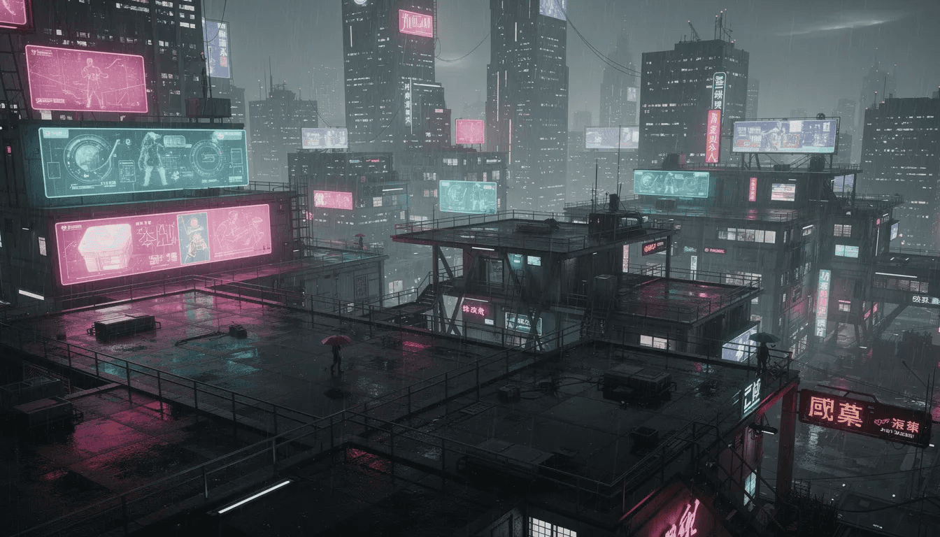 The image depicts a vibrant cyberpunk cityscape at night, where neon lights illuminate the rain-soaked rooftops, creating a reflective, futuristic vibe. This scene captures the essence of a high-tech world, reminiscent of the game industry and the imaginative possibilities of creating software through programming.