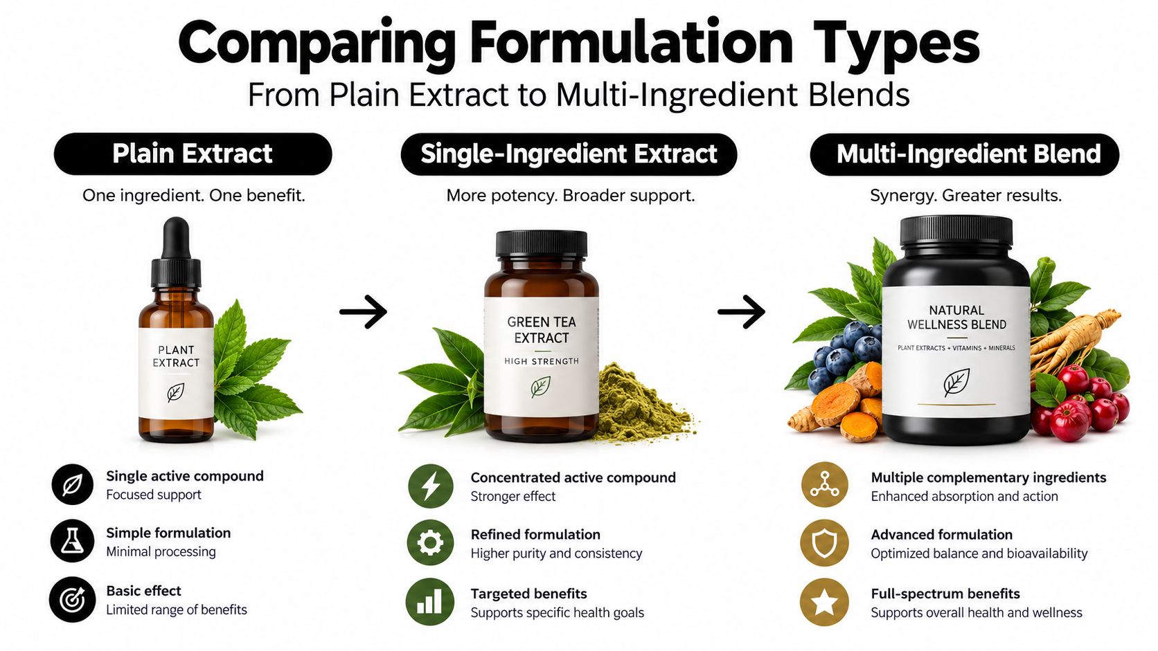 A comparison chart showing the progression from plain extracts to single-ingredient extracts and multi-ingredient health blends.