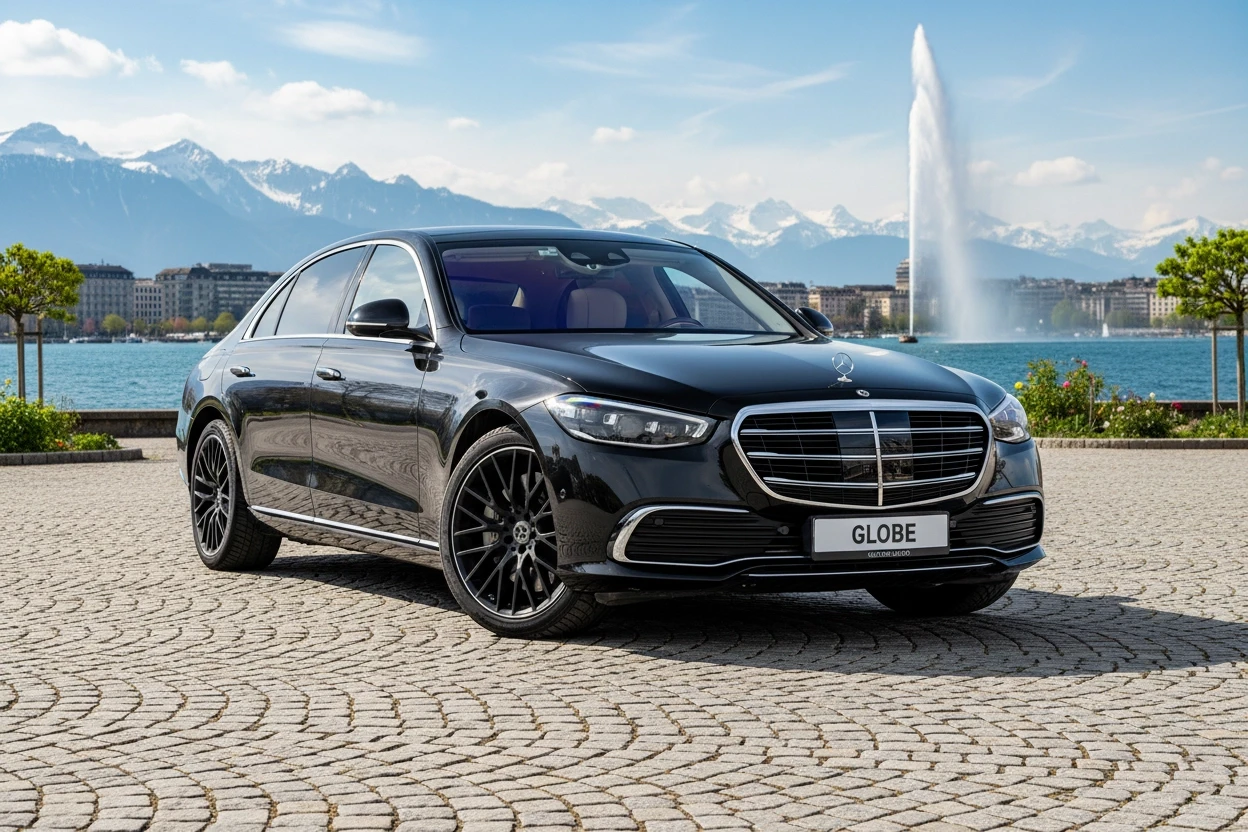 mercedes class s devant le lac leman a geneve