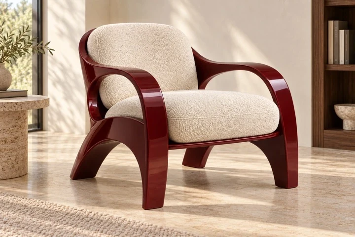 The oxblood and cream Forme Lounge Chair in a refined, sunlit reading corner