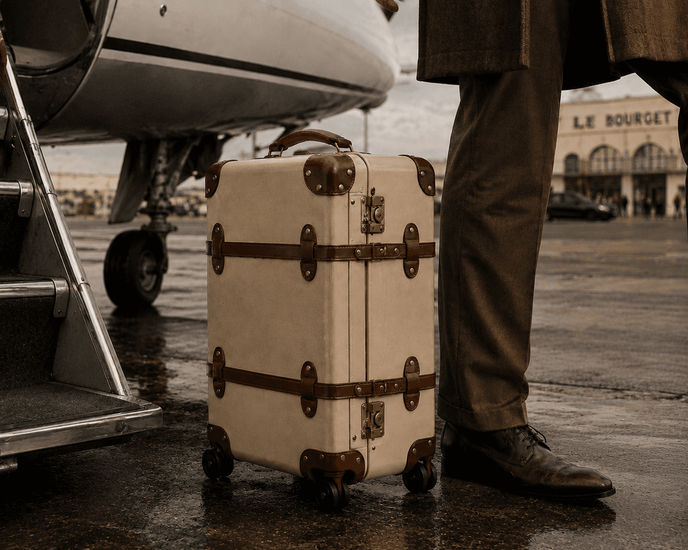 A vintage-inspired cream hardshell wheeled suitcase with rich brown leather straps, corner caps, and brass latches stands on an airfield tarmac beside the stairs of a private aircraft. The lower legs of a stylish traveler wearing brown trousers and dark leather dress shoes stand beside it, with the historic "LE BOURGET" airport building visible in the background.