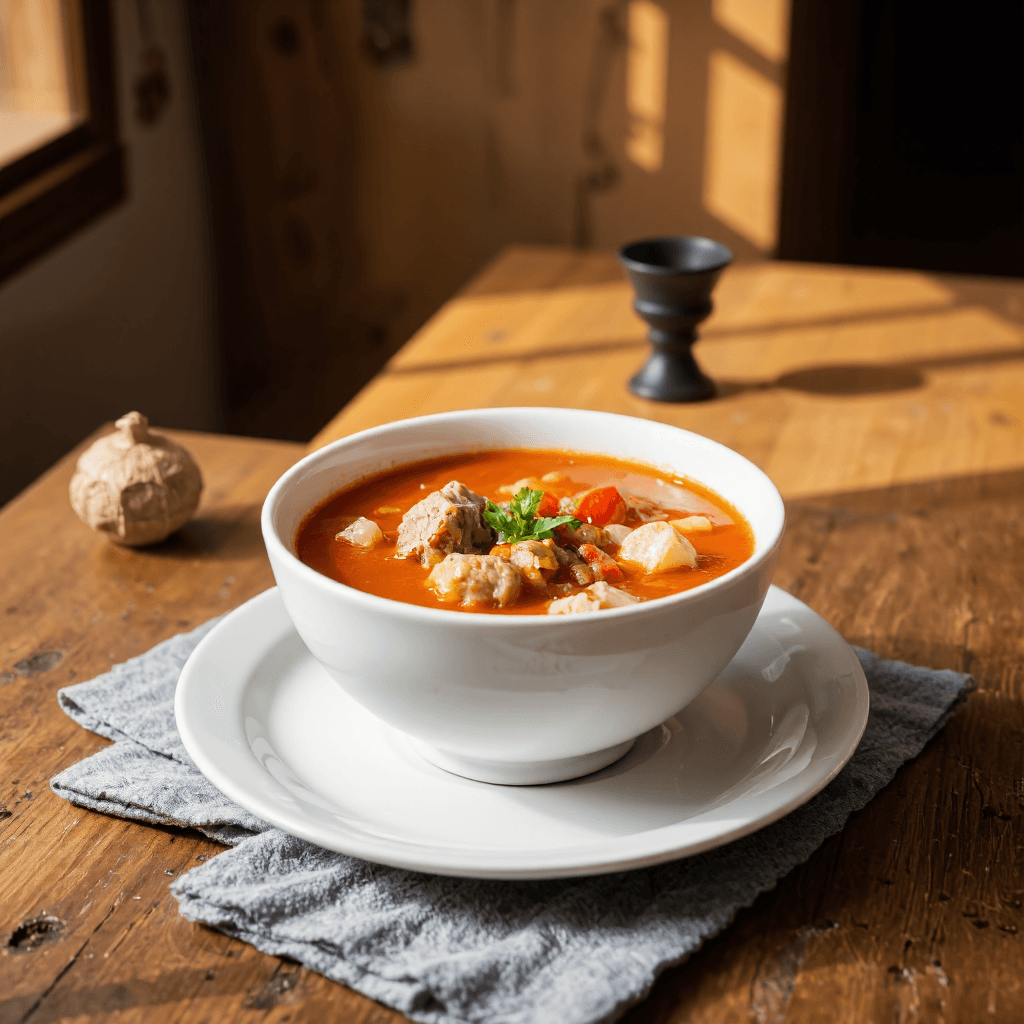 product photography of a bowl of soup with meat and vegetables