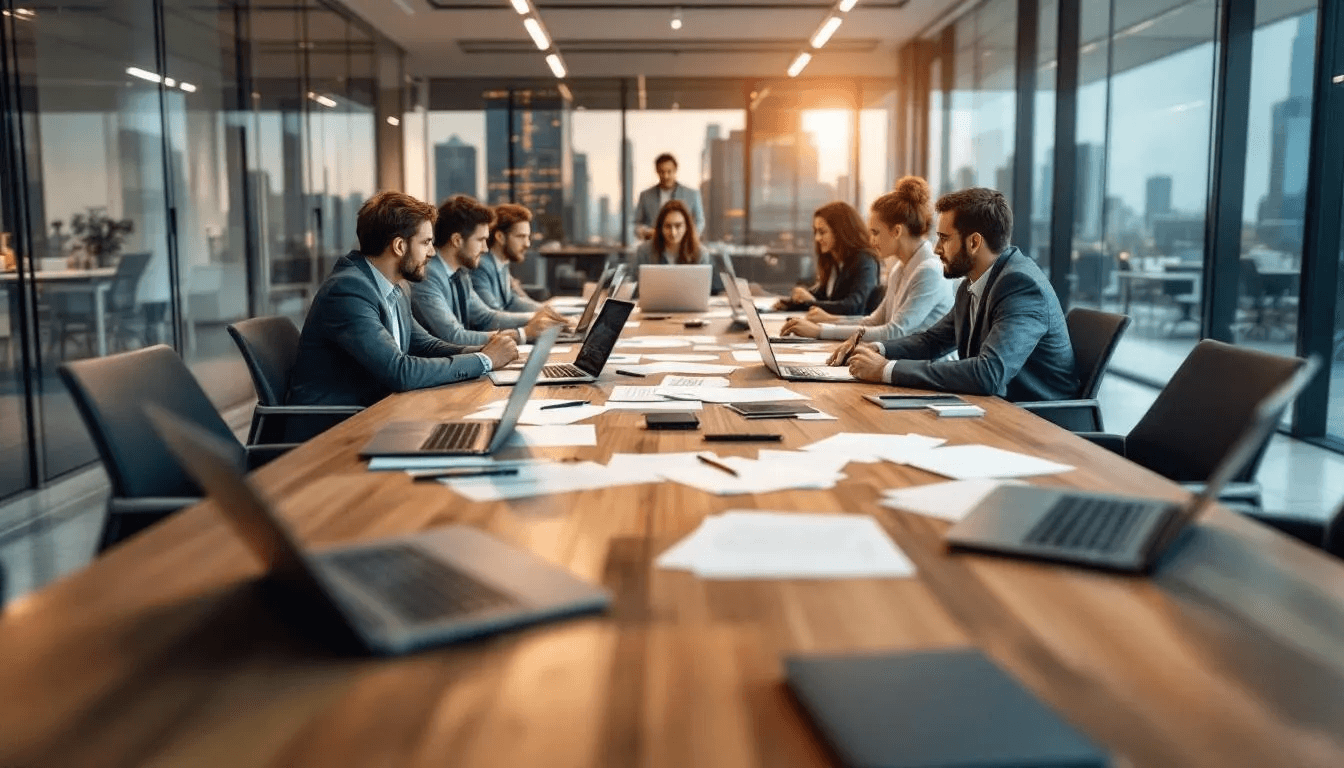 Das Bild zeigt ein Geschäftstreffen an einem Konferenztisch, der mit Laptops und Dokumenten bedeckt ist. Die Teilnehmer diskutieren über Vertriebsaktivitäten, Verkaufsprognosen und die Optimierung der Vertriebs- und Marketingprozesse in einem B2B-Unternehmen.