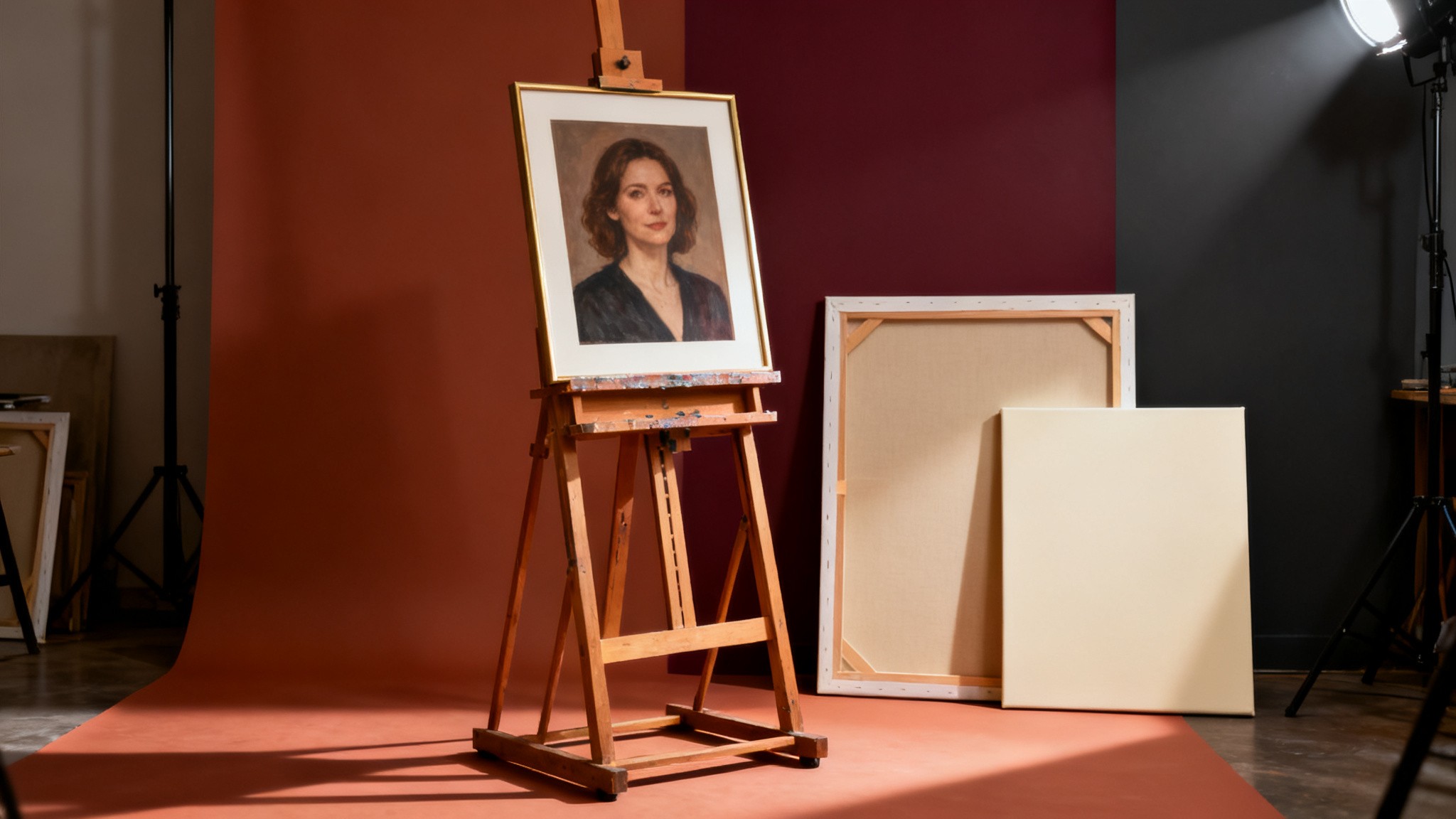 A single framed character portrait on an easel beside blank canvases, scaling ai influencer portfolio