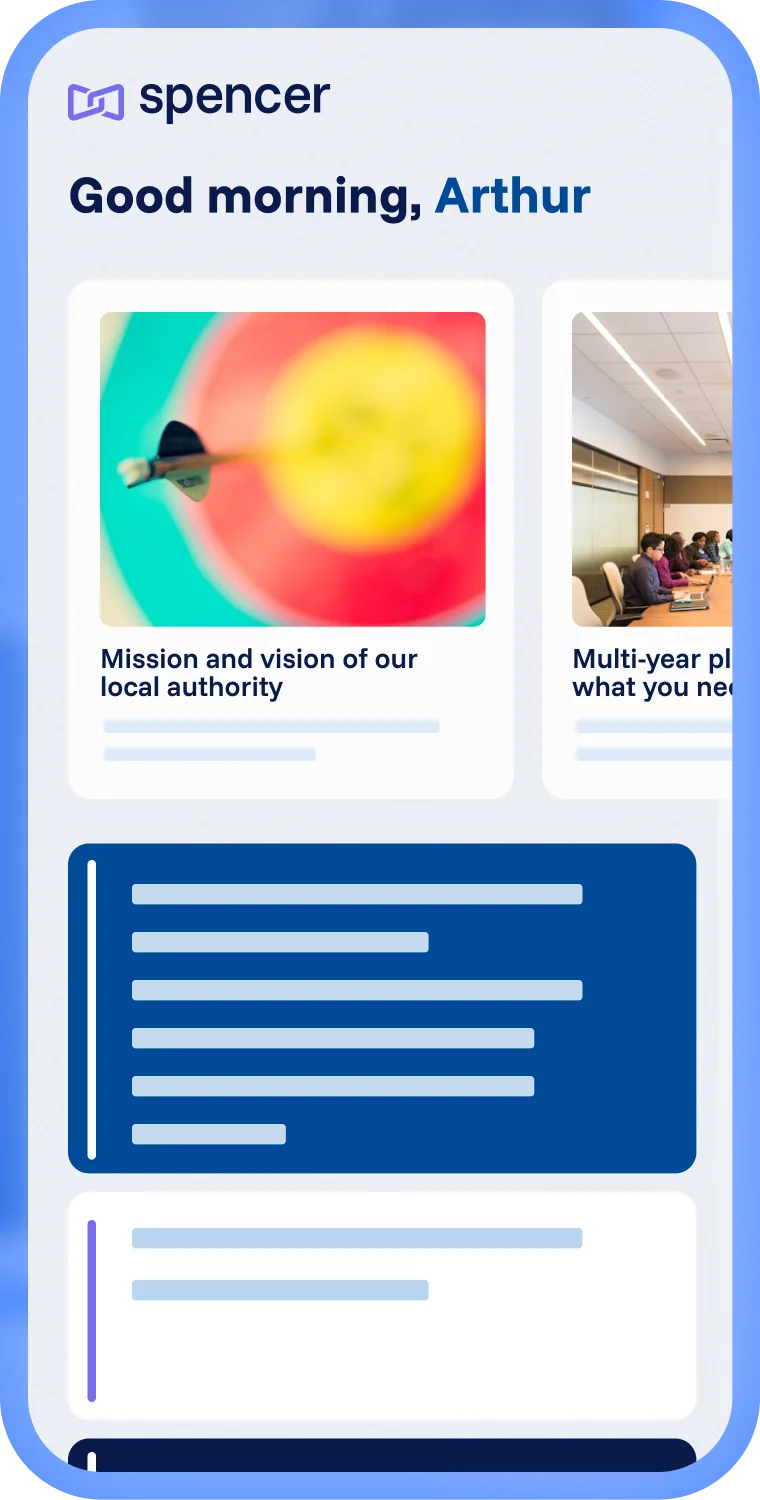 Spencer mobile app for internal communication with article preview, personalized greeting, and overview of internal updates