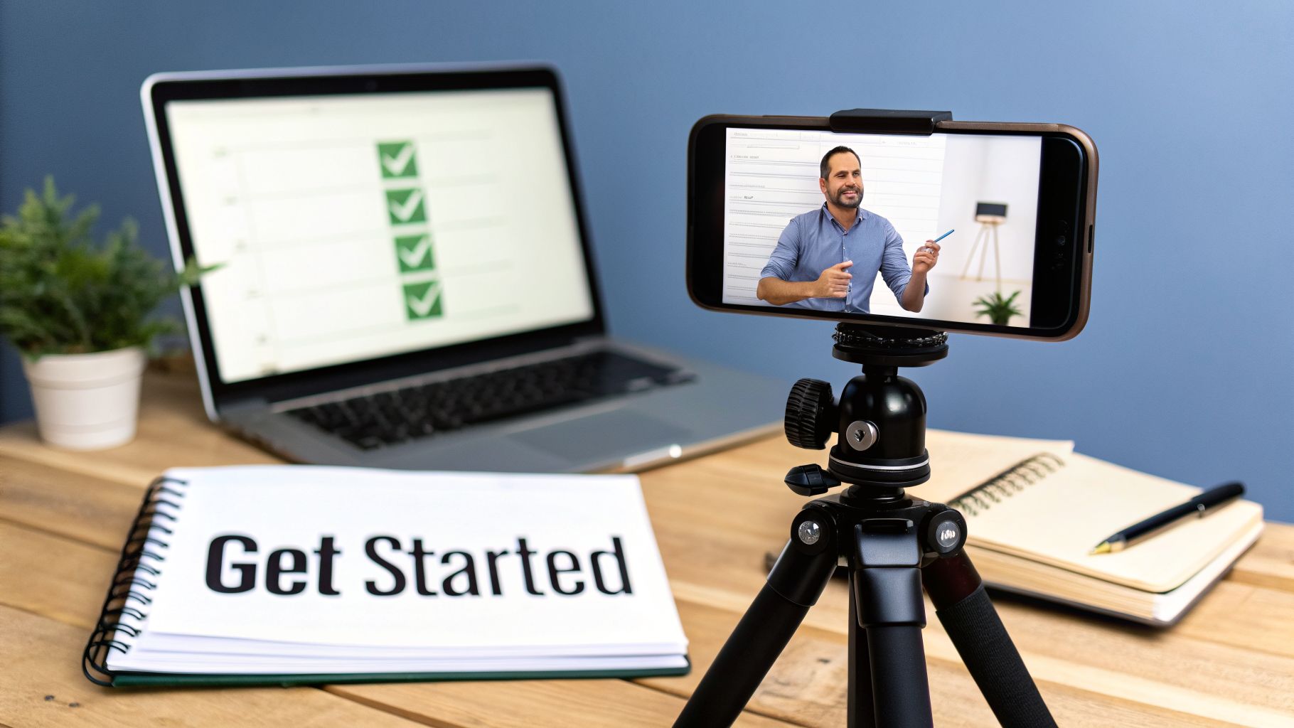 A man records an online course using a smartphone on a tripod, with a laptop and 'Get Started' notebook on a desk.