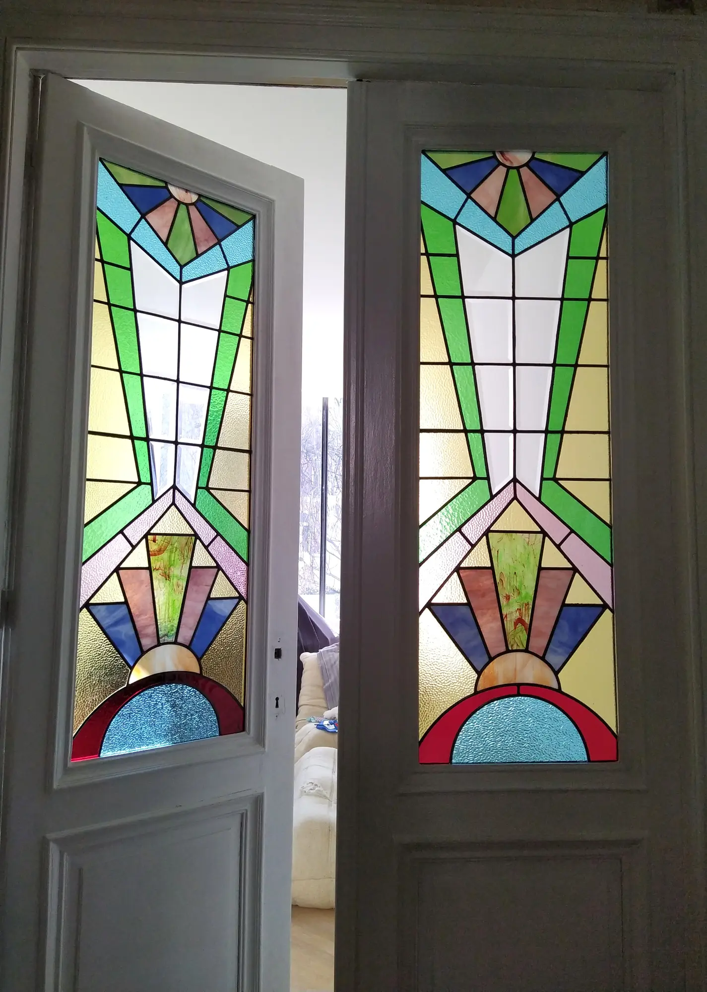 Twee Art-Deco loodglazen deurpanelen na restauratie - Antwerpen