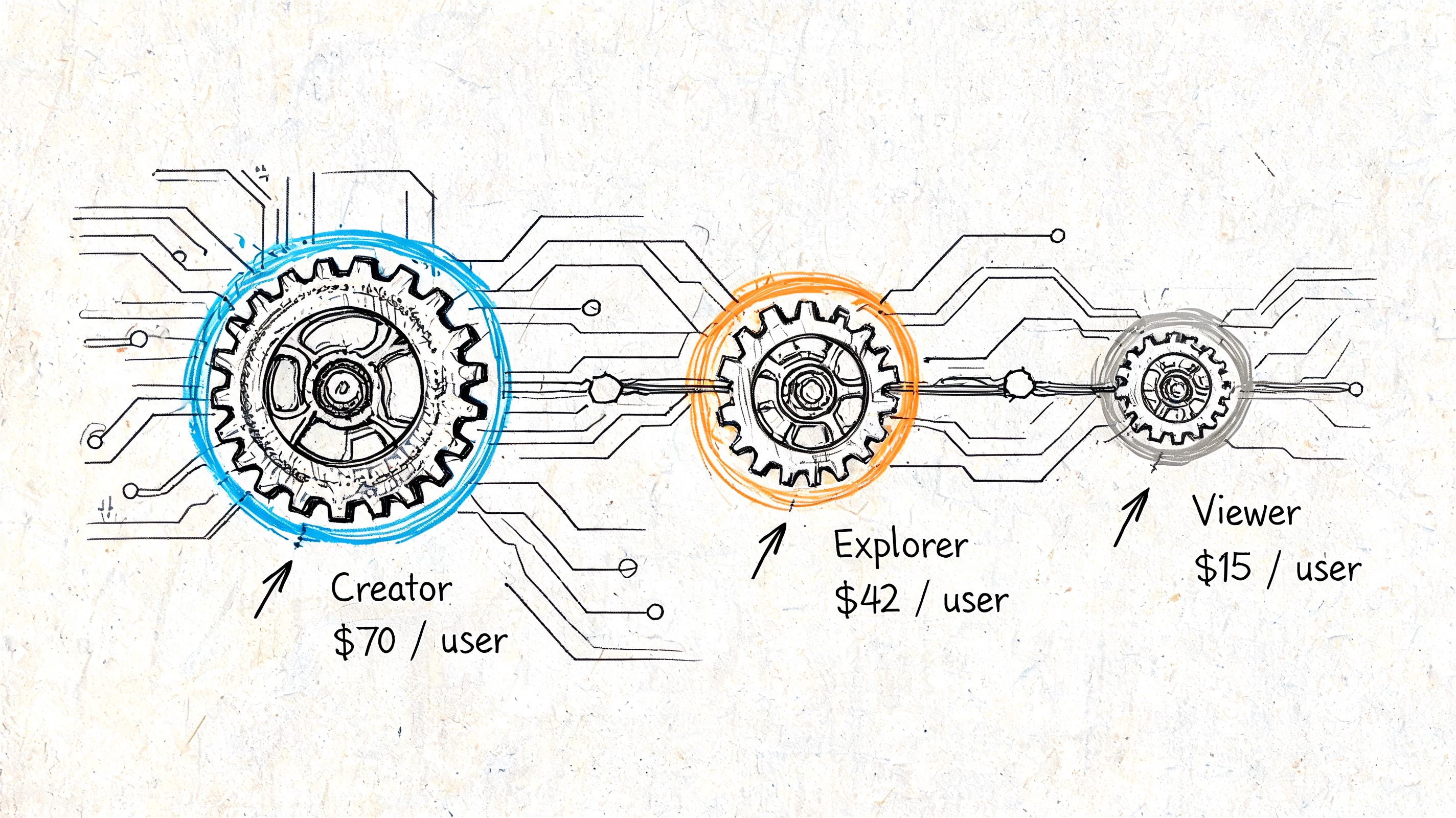A hand-drawn illustration showing Tableau user license types including Creator, Explorer, and Viewer with pricing per user.