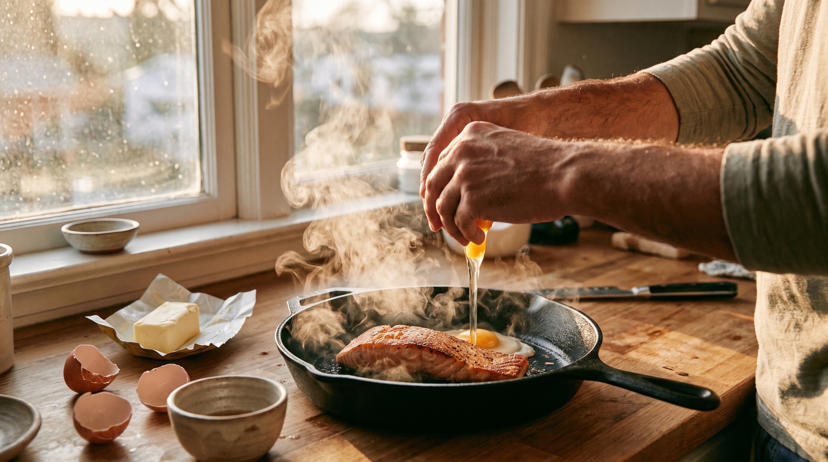Hände bereiten Lachs und Eier als eiweißreiche Mahlzeit zu