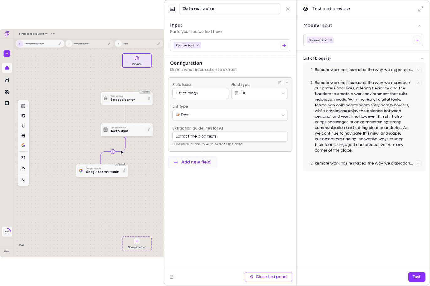 Data extractor interface showing source input, extraction settings, and a preview list of blog entries.